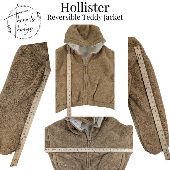 Hollister Jacket Women's Sm Tan White Reversible Sherpa Teddy Oversize Crop Cozy - Picture 11 of 12
